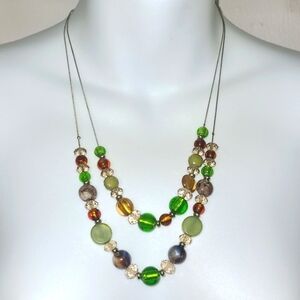 Necklace Green Amber Purple Art Glass Beads 2 Gold chains layered 18" Classic